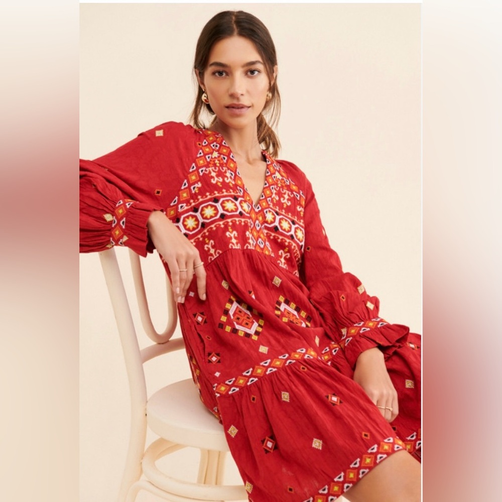 Anthropologie Red Long Sleeve Dress